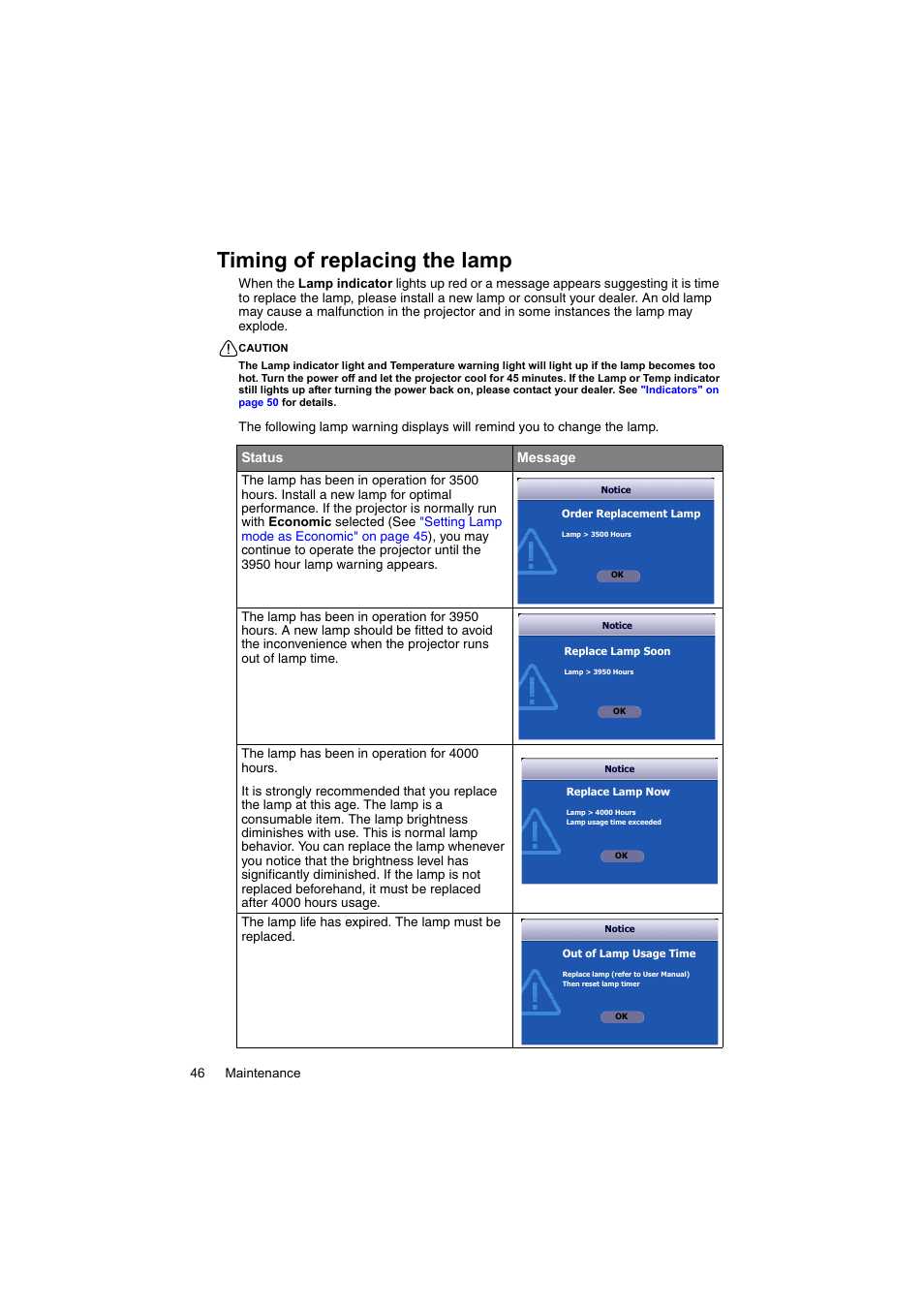 Timing of replacing the lamp | InFocus IN100 User Manual | Page 46 / 55