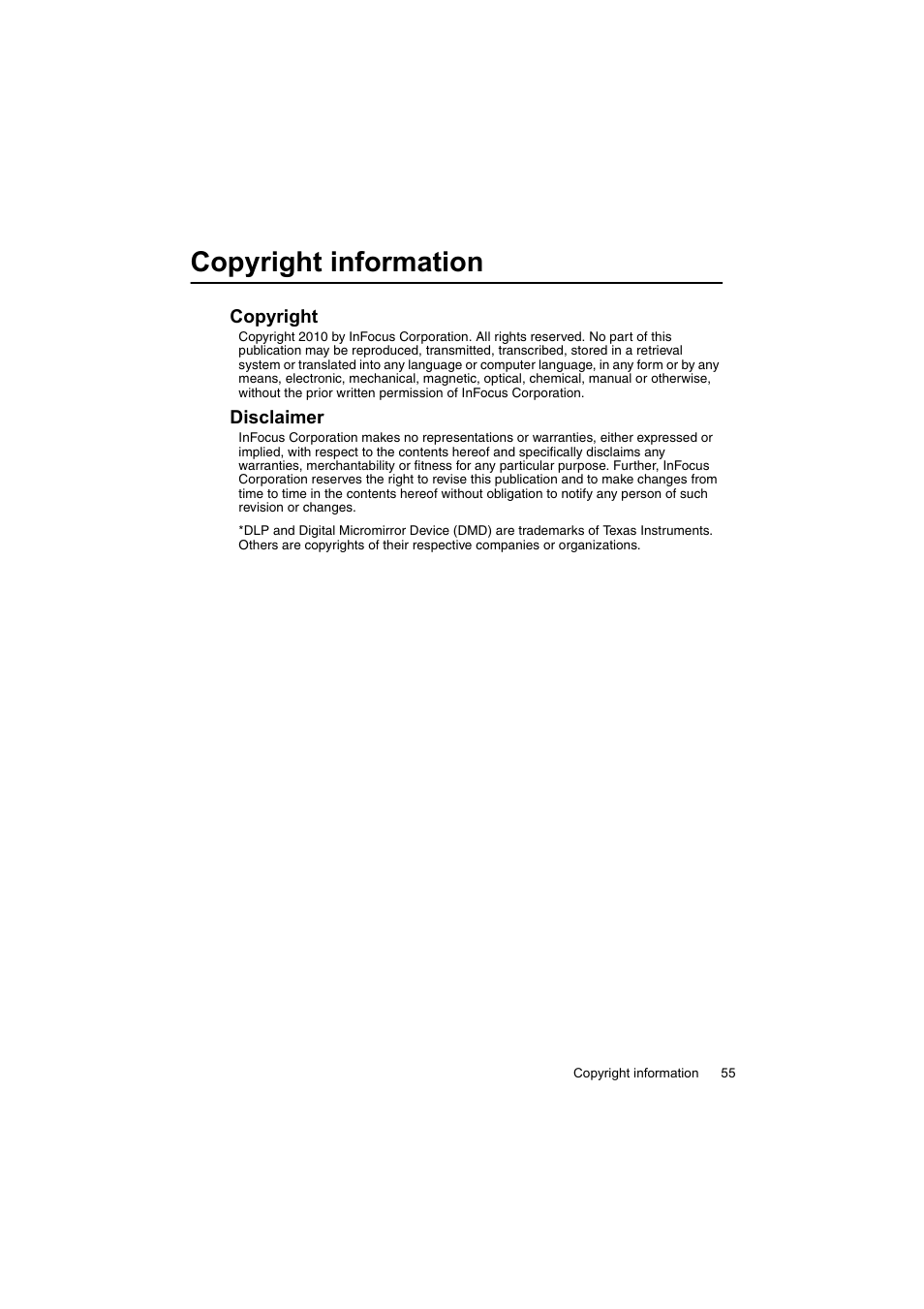 Copyright information | InFocus IN100 User Manual | Page 55 / 55