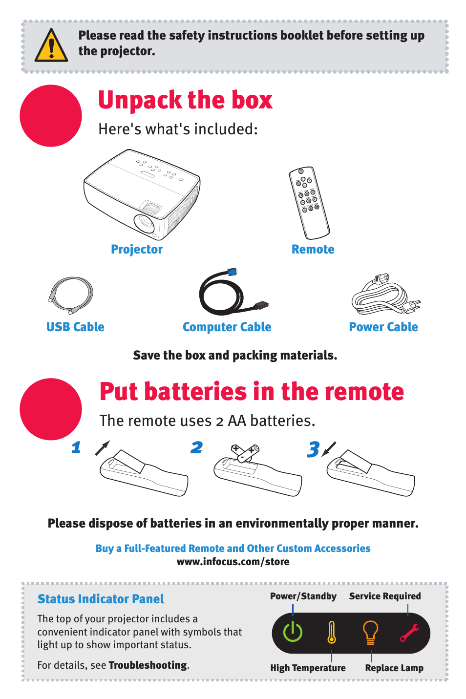 Unpack the box, Put batteries in the remote | InFocus IN2102 User Manual | Page 2 / 8