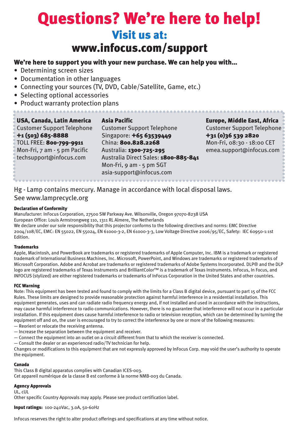 Questions? we’re here to help | InFocus IN2102 User Manual | Page 8 / 8