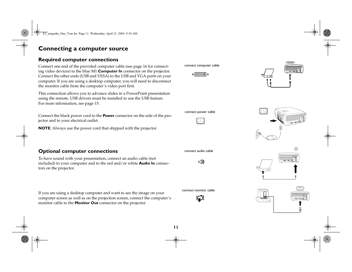 Connecting a computer source, Required computer connections, Optional computer connections | InFocus X2 User Manual | Page 11 / 49