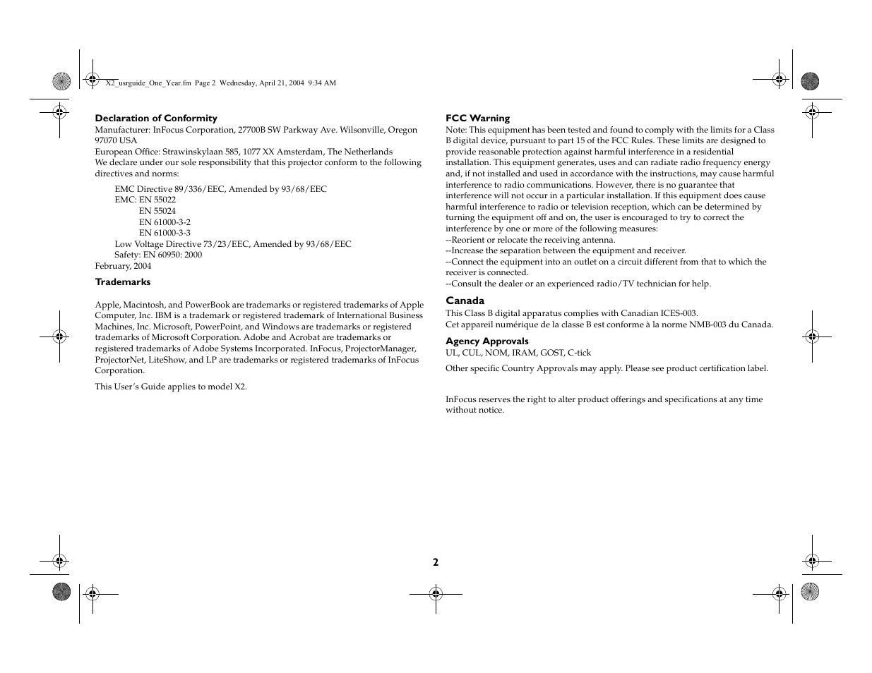 InFocus X2 User Manual | Page 2 / 49