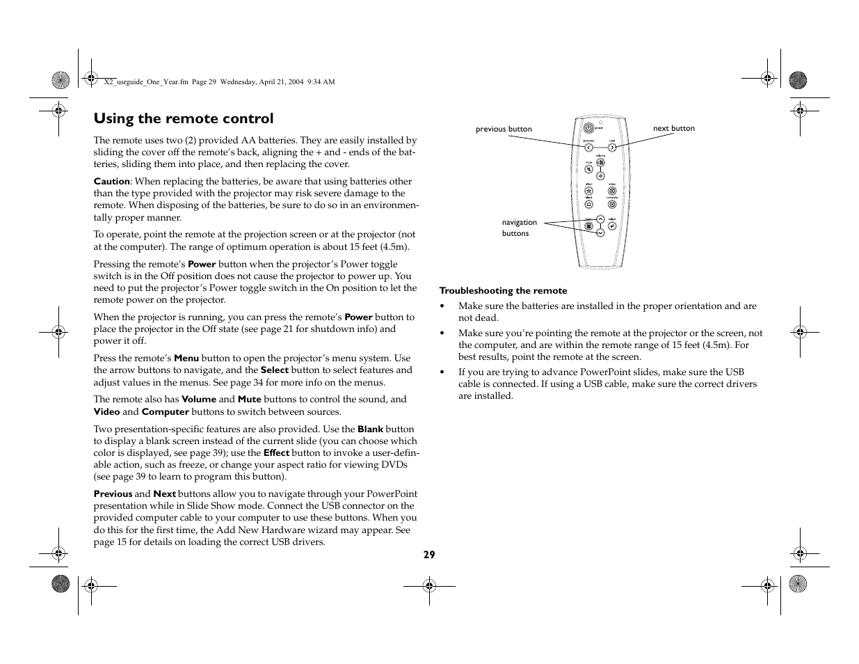 Using the remote control | InFocus X2 User Manual | Page 29 / 49