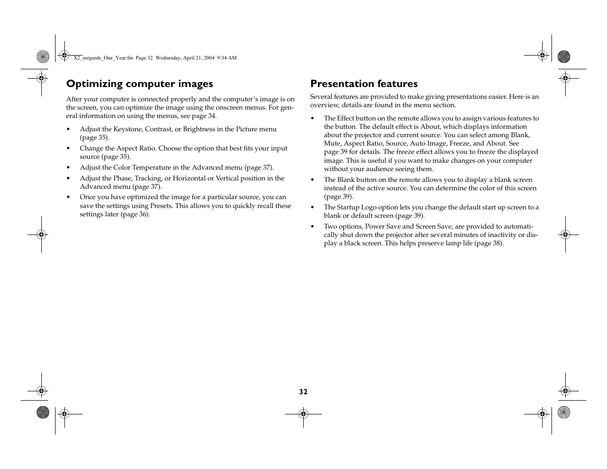 Optimizing computer images, Presentation features | InFocus X2 User Manual | Page 32 / 49