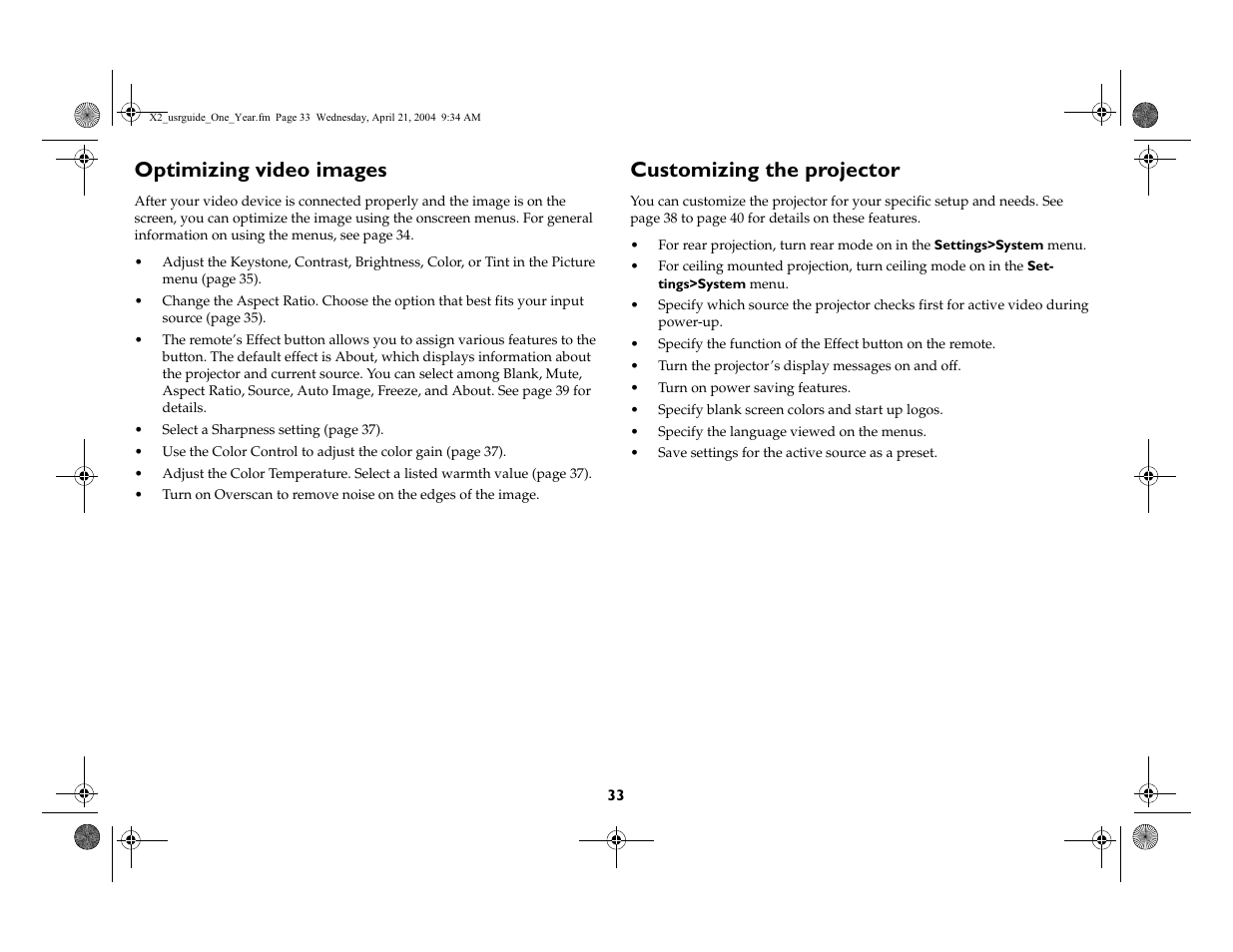 Optimizing video images, Customizing the projector | InFocus X2 User Manual | Page 33 / 49