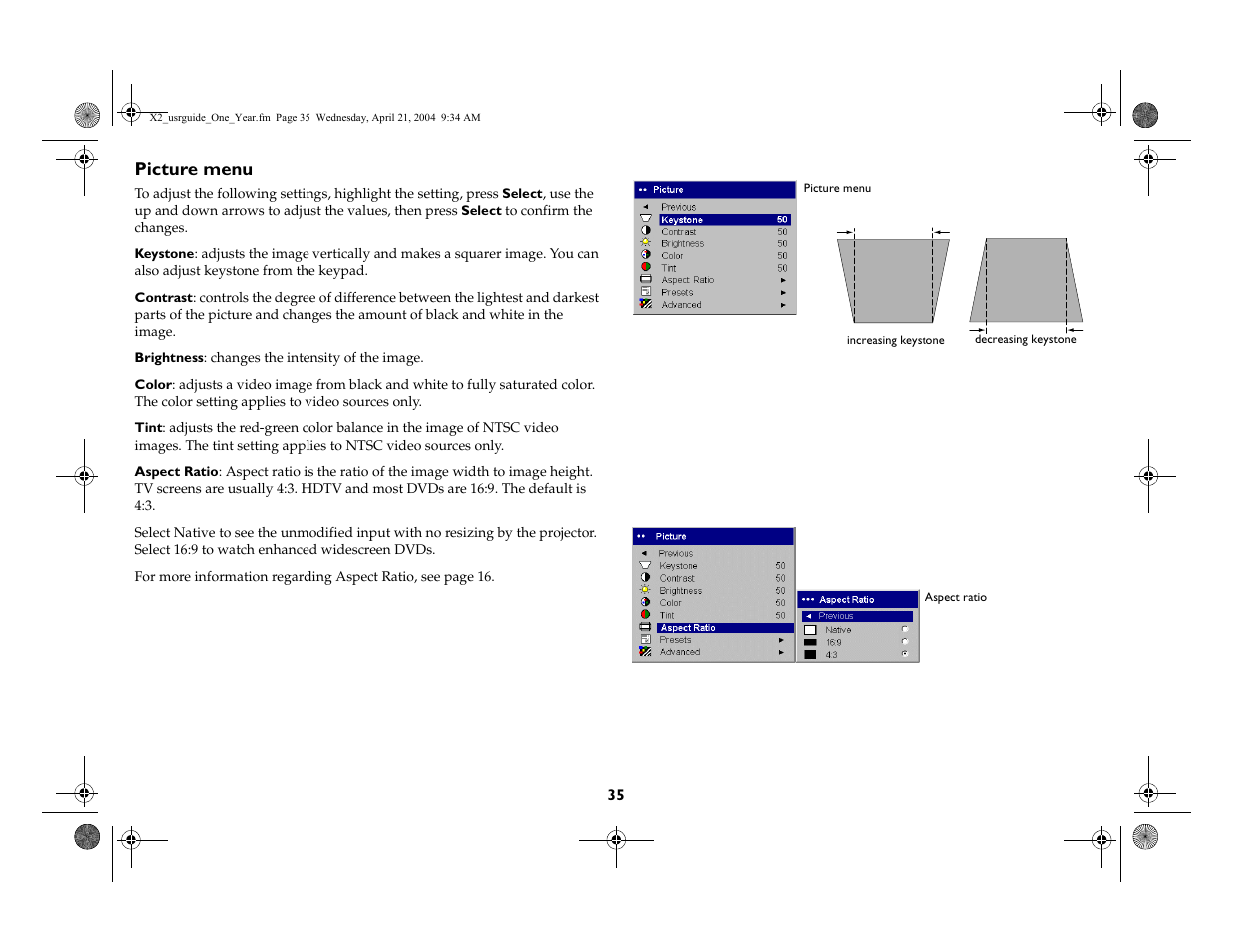 Picture menu | InFocus X2 User Manual | Page 35 / 49