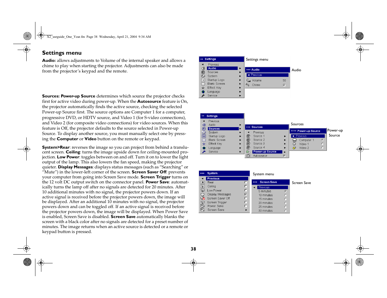 Settings menu | InFocus X2 User Manual | Page 38 / 49