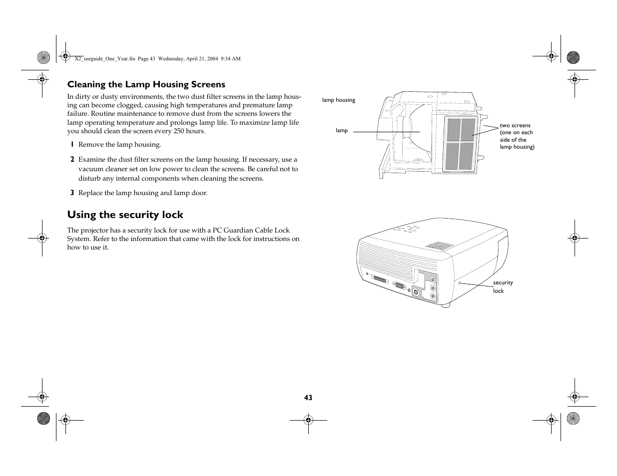 Cleaning the lamp housing screens, Using the security lock | InFocus X2 User Manual | Page 43 / 49