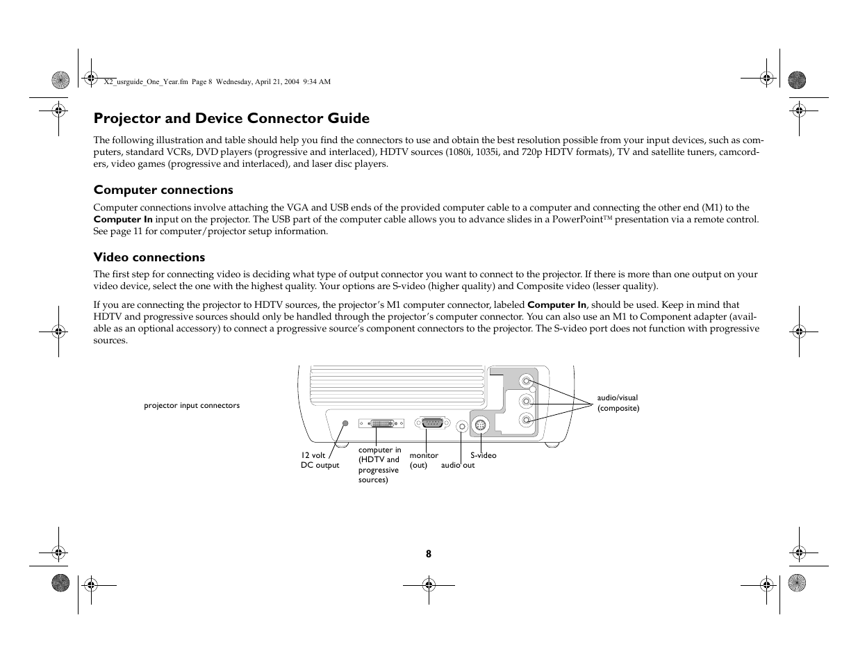 Projector and device connector guide, Computer connections, Video connections | InFocus X2 User Manual | Page 8 / 49