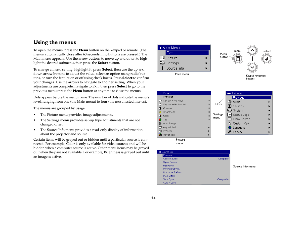Using the menus | InFocus IN37 User Manual | Page 25 / 39