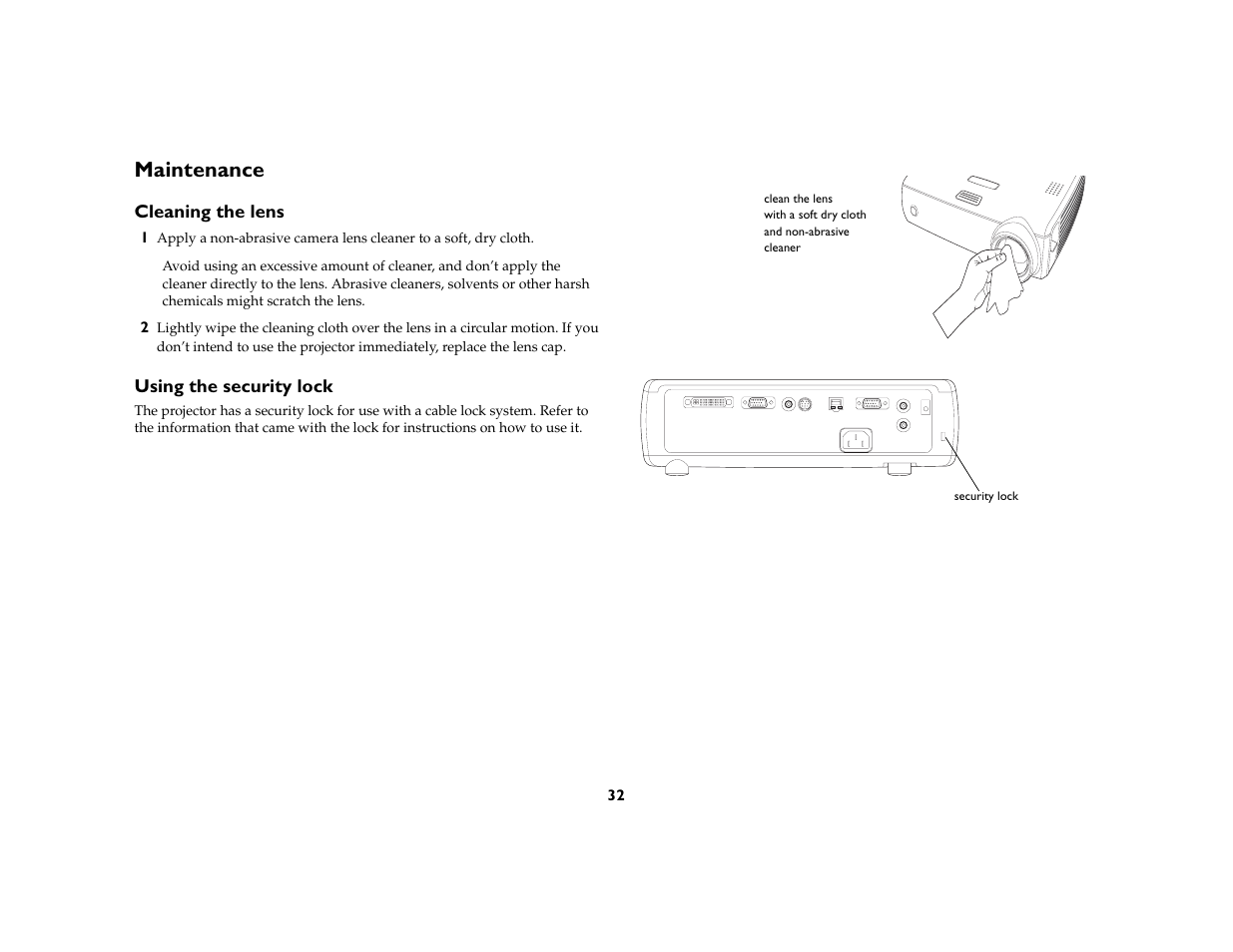 Maintenance, Cleaning the lens, Using the security lock | Maintenance 32 | InFocus IN37 User Manual | Page 33 / 39