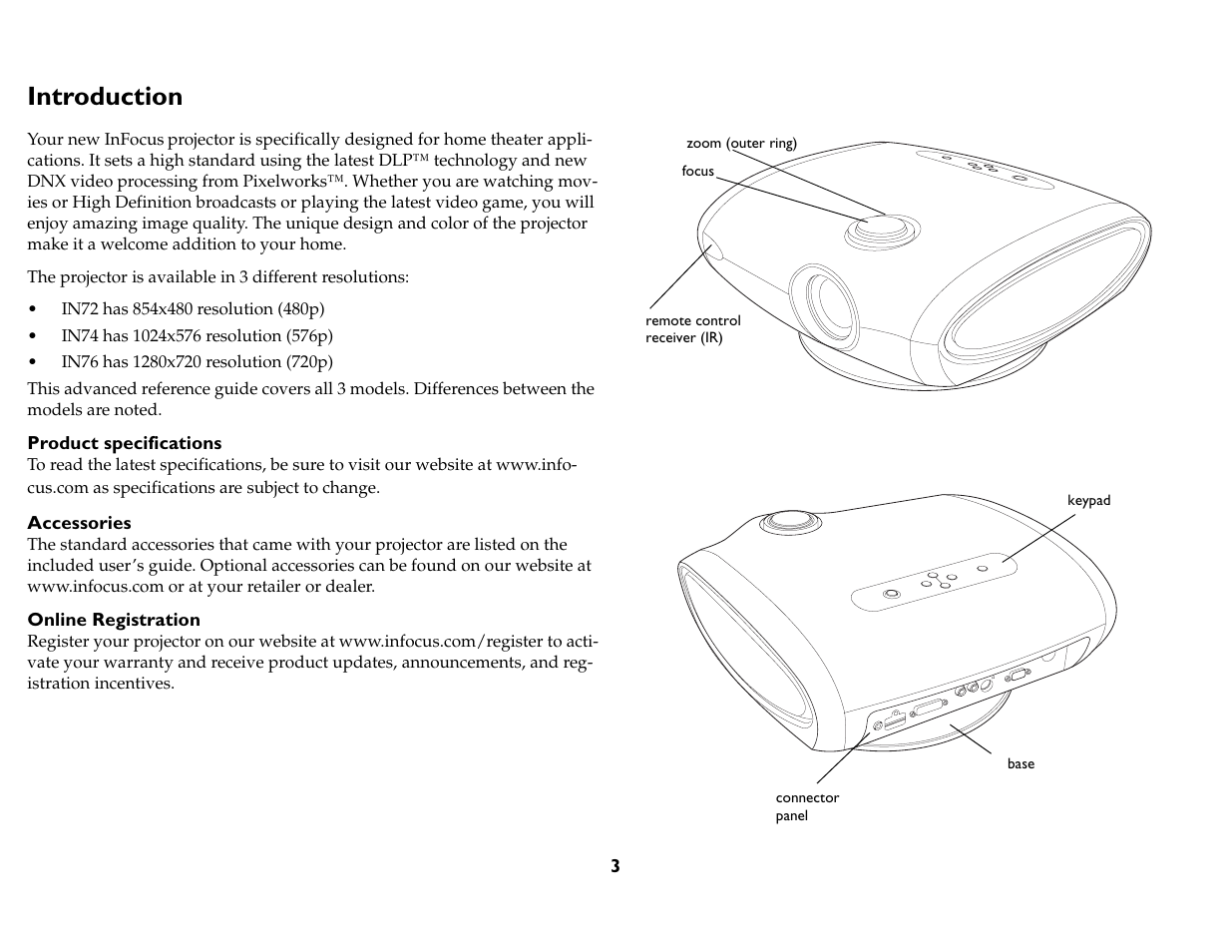 Parts & controls, Projector, Difference between models | Introduction | InFocus IN76 User Manual | Page 12 / 54