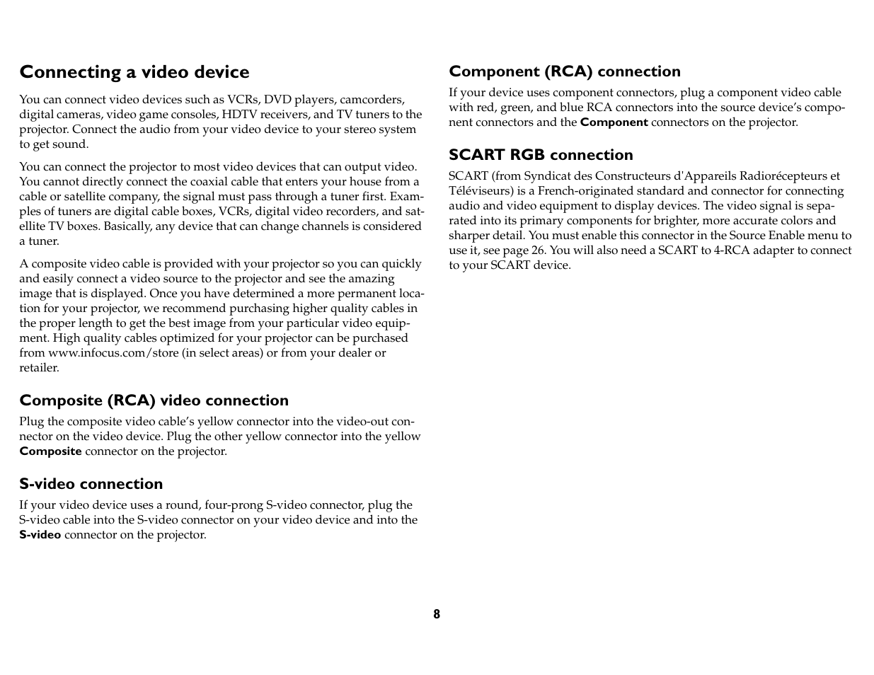 Composite, S-video, Component | Scart rgb, Connecting a video device | InFocus IN76 User Manual | Page 17 / 54