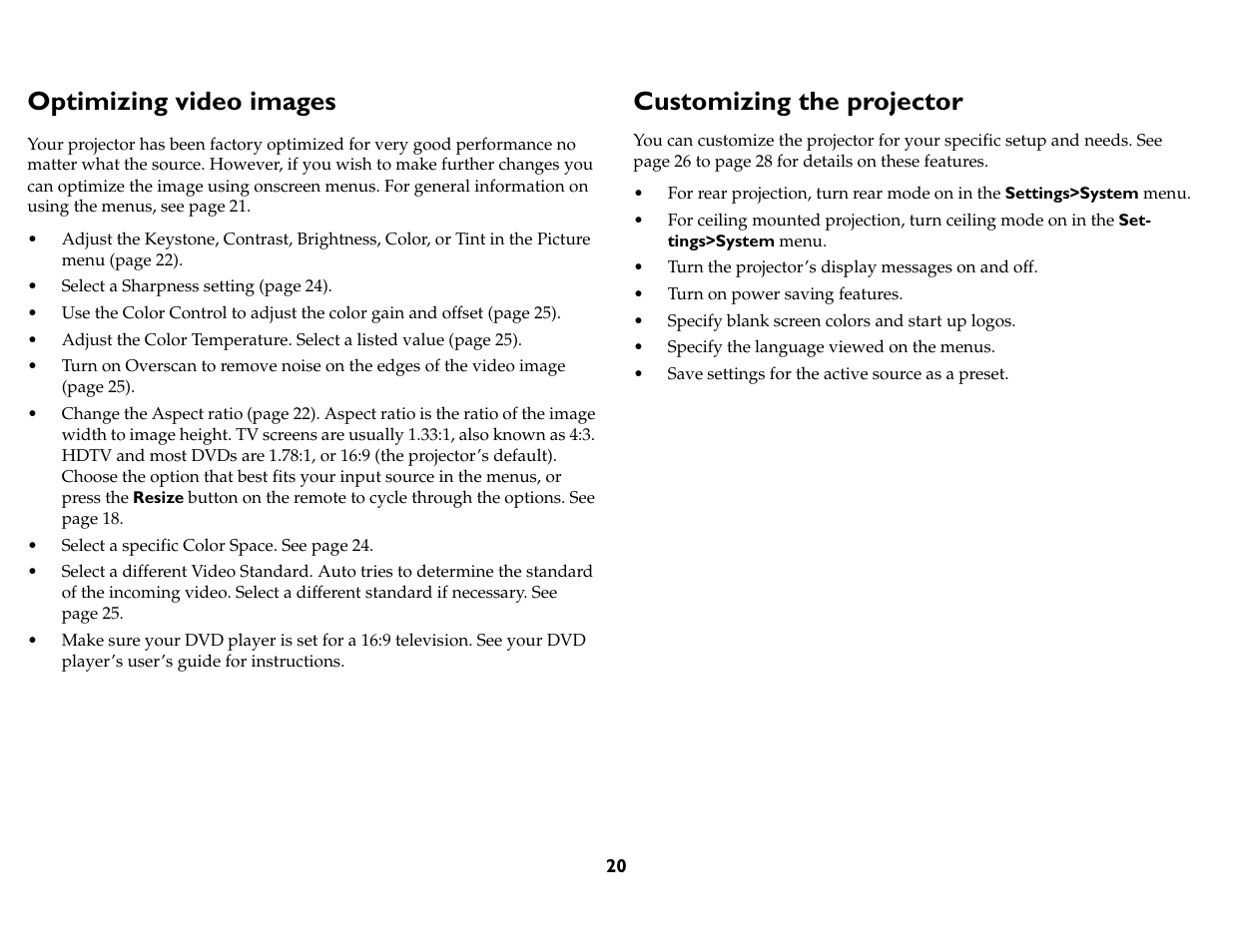 Optimizing video images, Customizing the projector | InFocus IN76 User Manual | Page 29 / 54