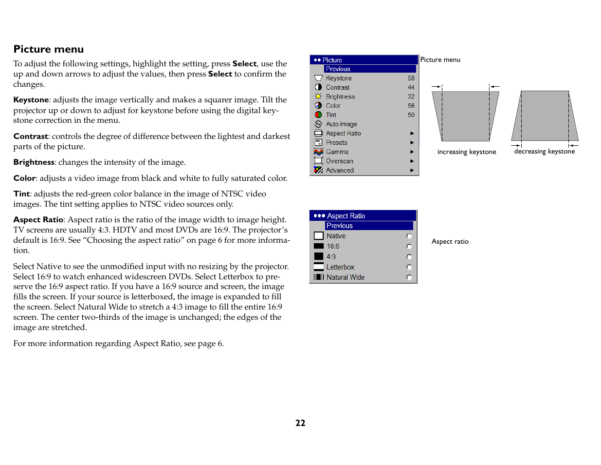 Picture menu | InFocus IN76 User Manual | Page 31 / 54