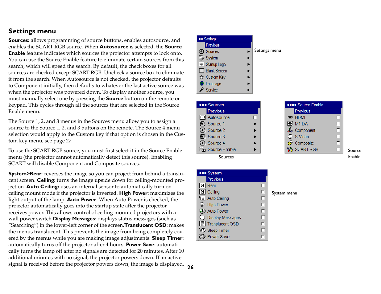 Settings menu | InFocus IN76 User Manual | Page 35 / 54