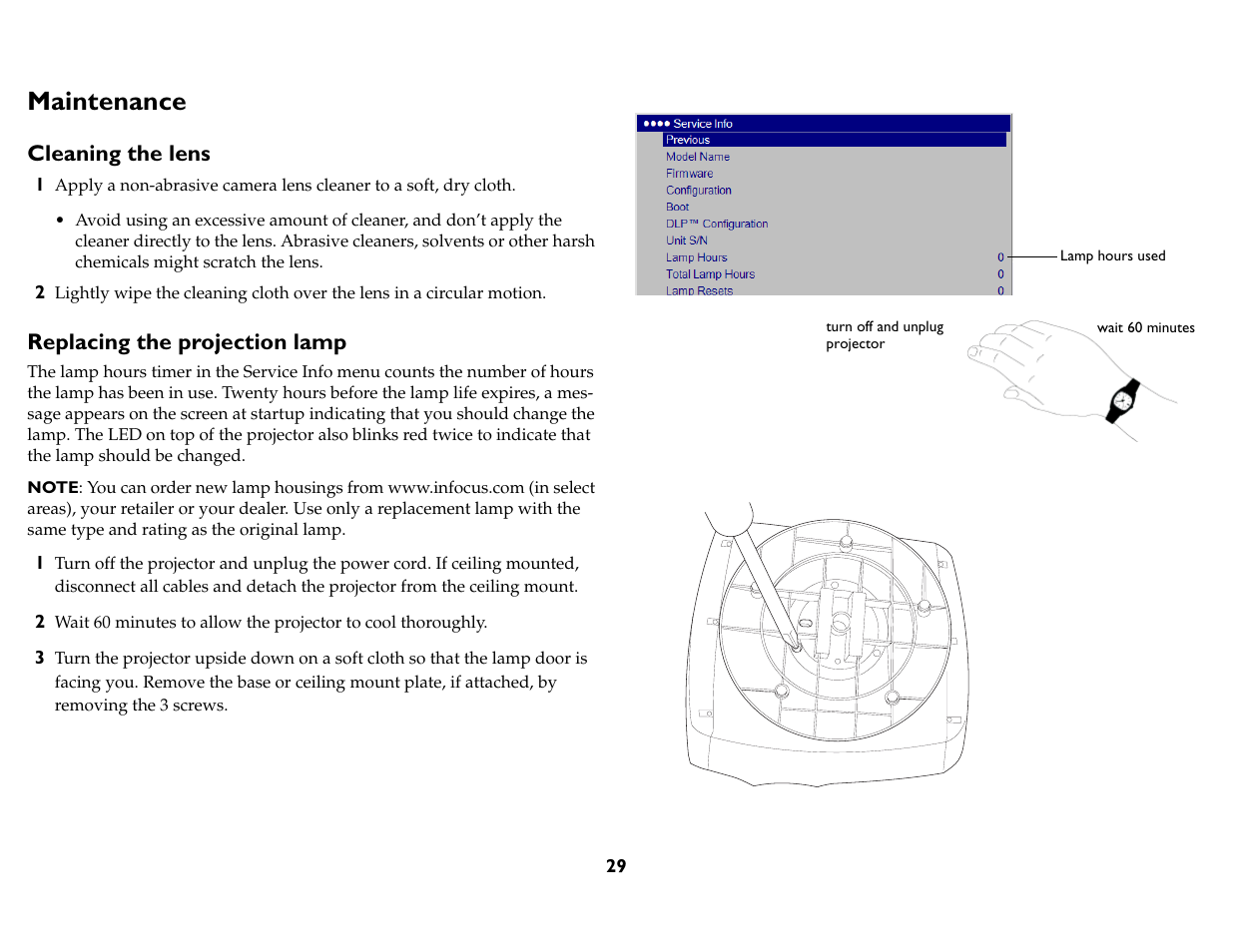 Maintenance, Replacing the lamp | InFocus IN76 User Manual | Page 38 / 54