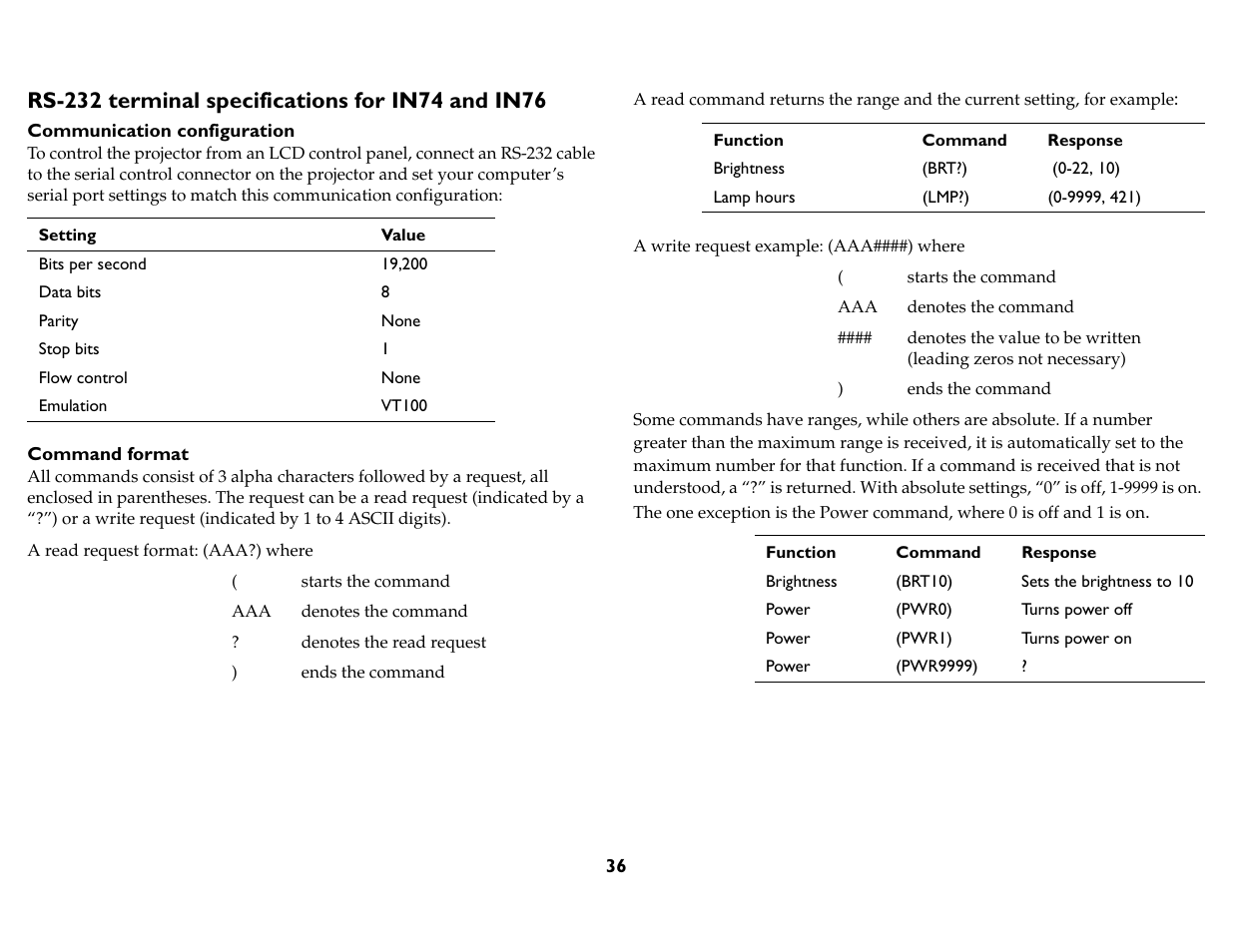 Rs-232 terminal specifications for in74 and in76 | InFocus IN76 User Manual | Page 45 / 54