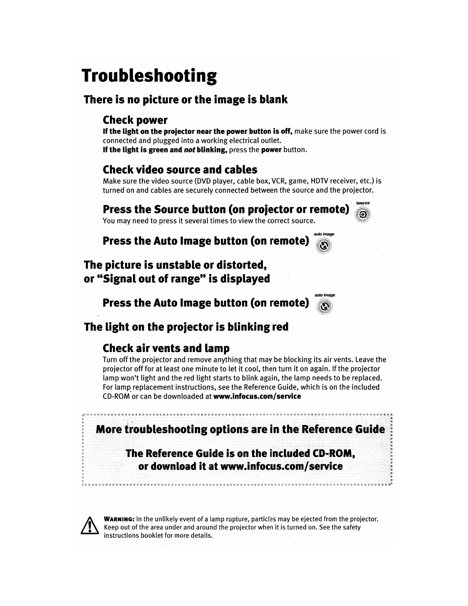 Troubleshooting | InFocus IN76 User Manual | Page 7 / 54