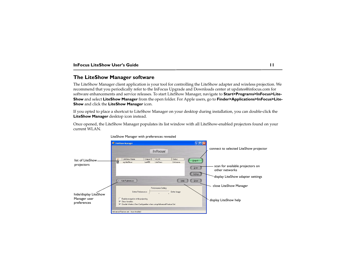 The liteshow manager software, The liteshow manager | InFocus LiteShow network adapter User Manual | Page 16 / 52