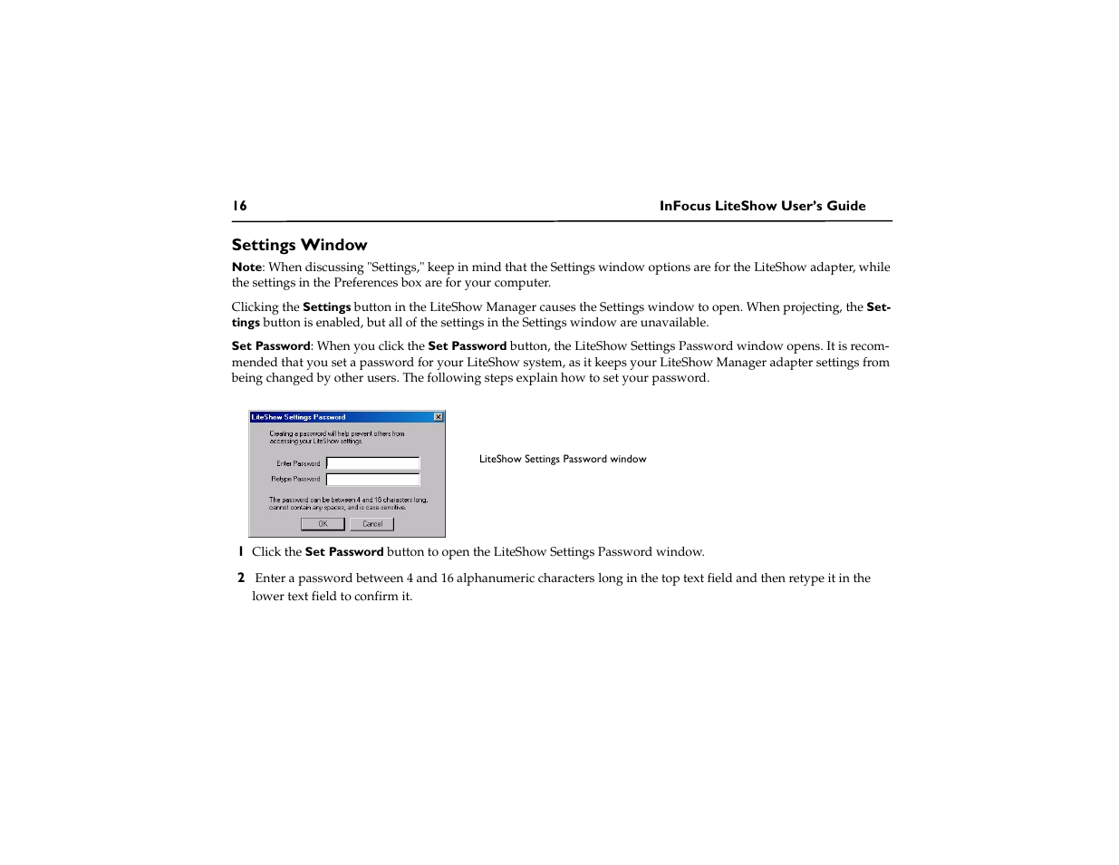Settings window | InFocus LiteShow network adapter User Manual | Page 21 / 52