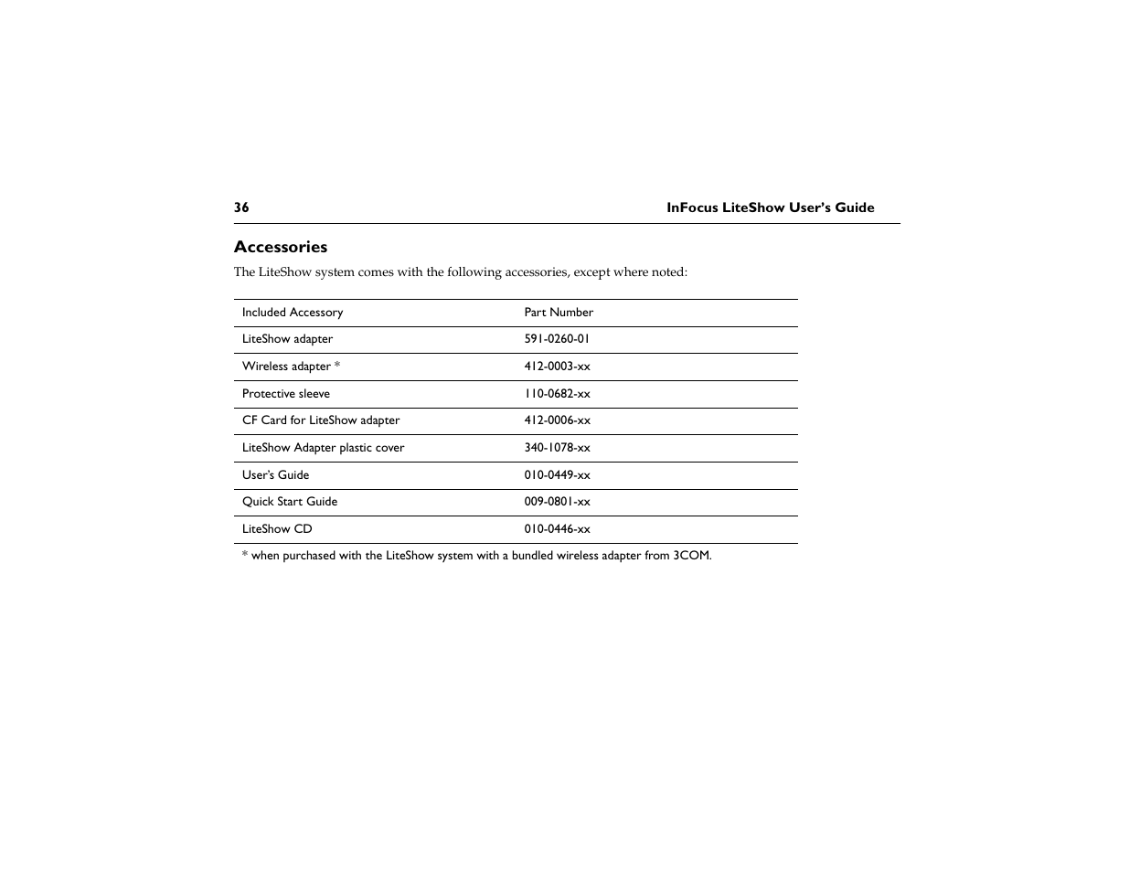 Accessories, Accessories 36 | InFocus LiteShow network adapter User Manual | Page 41 / 52