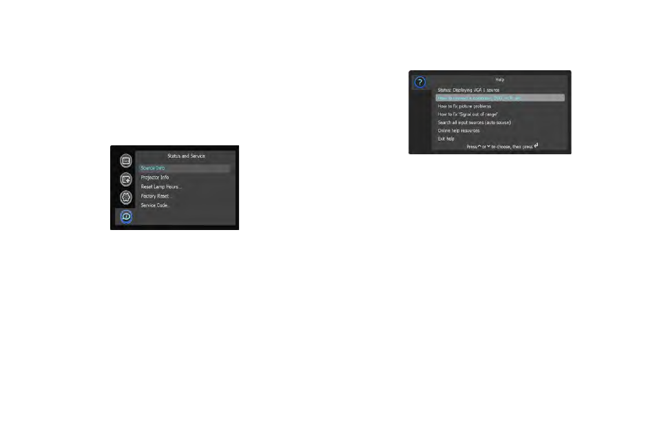 Status and service menu, Help | InFocus IN3116 User Manual | Page 33 / 46