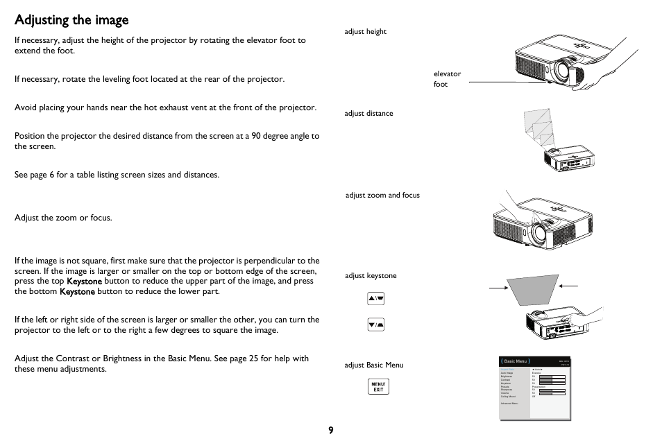 Adjusting the image, Adjust basic menu adjust height elevator foot | InFocus IN116 User Manual | Page 10 / 35