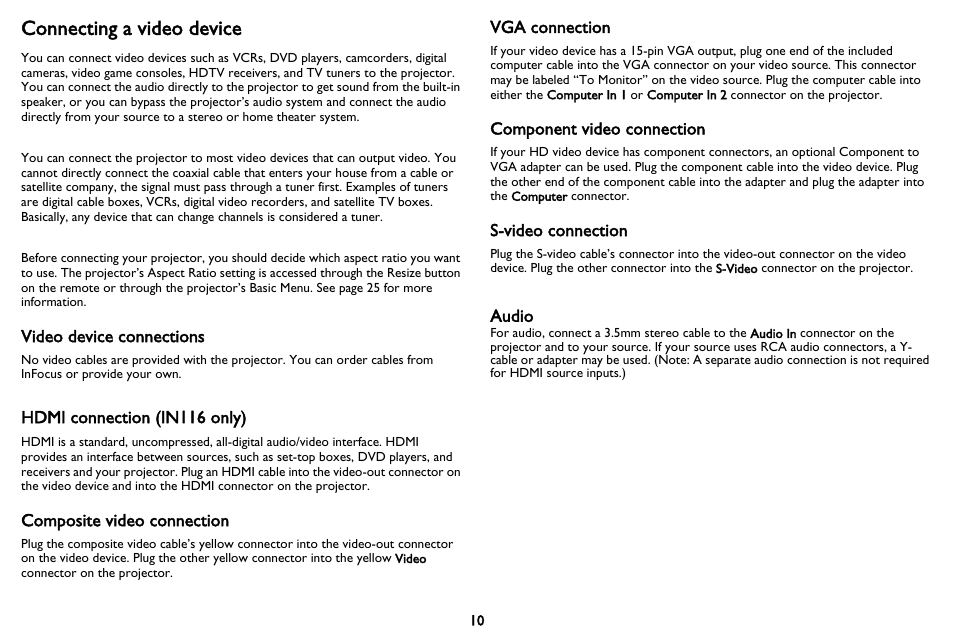 Connecting a video device, Video device connections, Composite video connection | Vga connection, Component video connection, S-video connection, Hdmi connection (in116 only), Audio | InFocus IN116 User Manual | Page 11 / 35