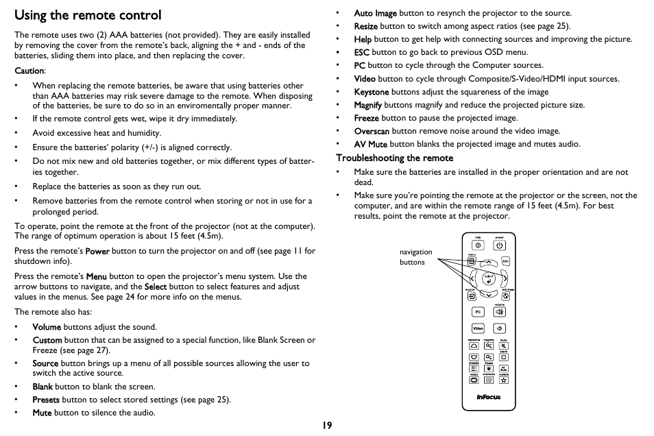 Using the remote control | InFocus IN116 User Manual | Page 20 / 35