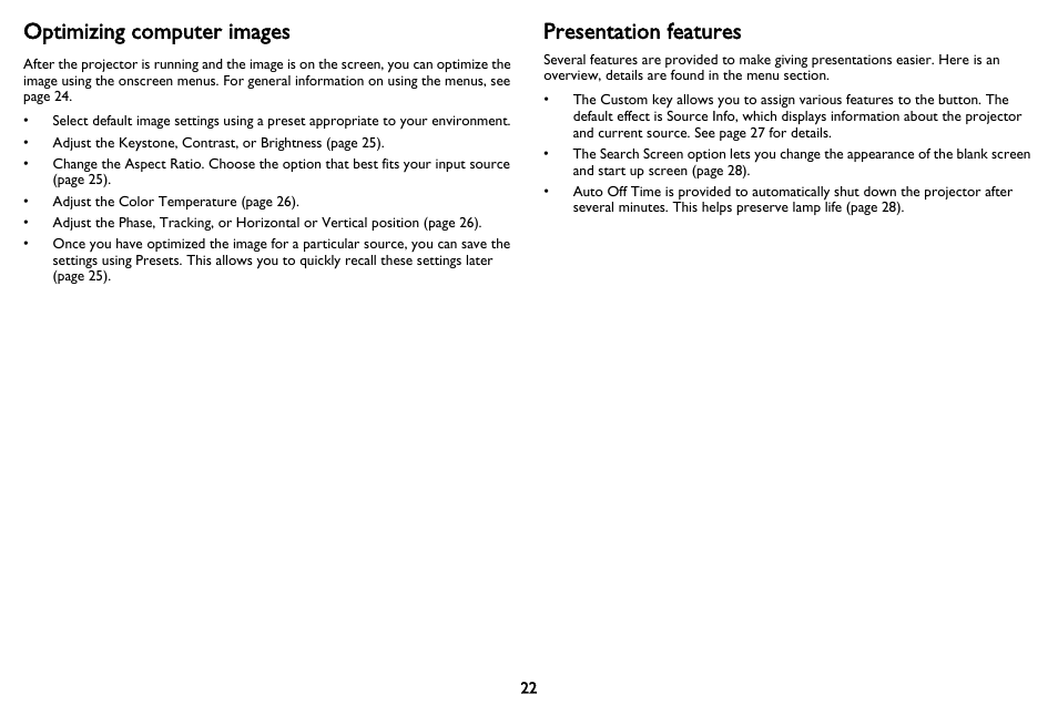 Optimizing computer images, Presentation features | InFocus IN116 User Manual | Page 23 / 35