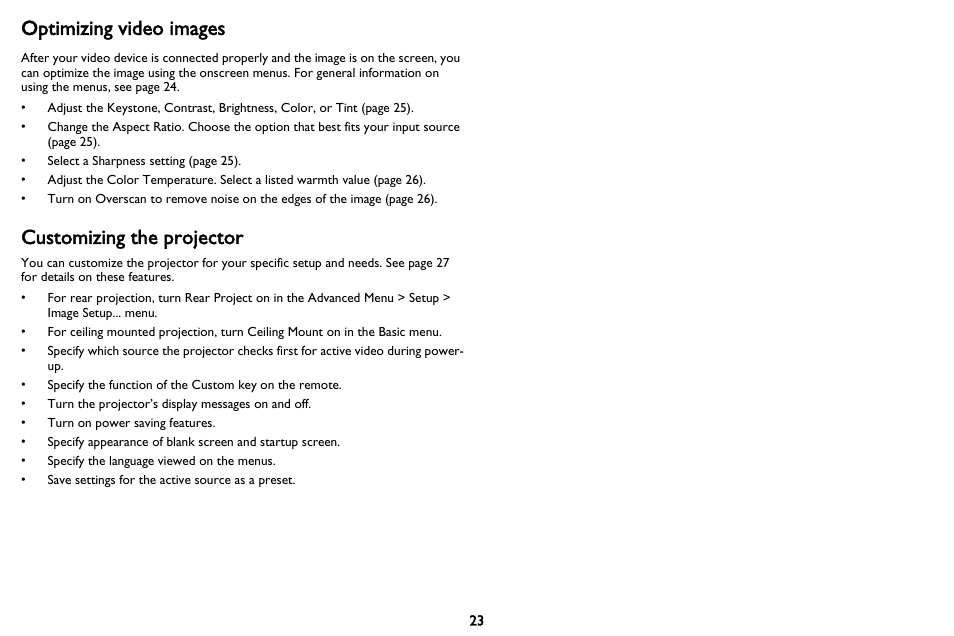 Optimizing video images, Customizing the projector | InFocus IN116 User Manual | Page 24 / 35