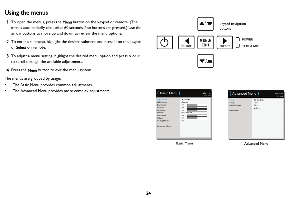 Using the menus | InFocus IN116 User Manual | Page 25 / 35
