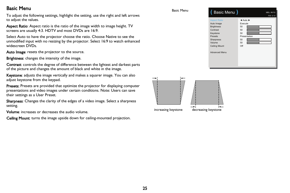 Basic menu | InFocus IN116 User Manual | Page 26 / 35