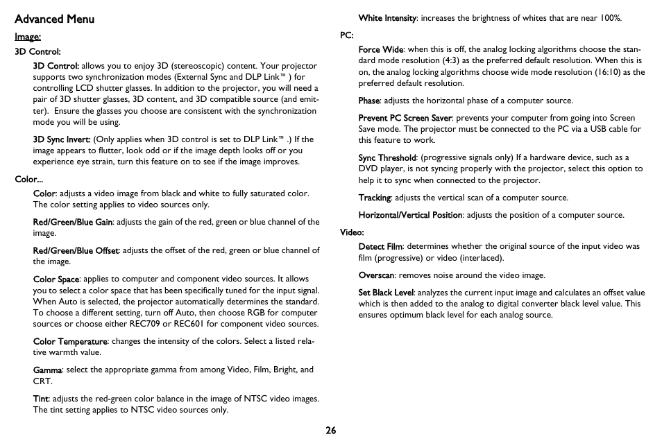Advanced menu | InFocus IN116 User Manual | Page 27 / 35