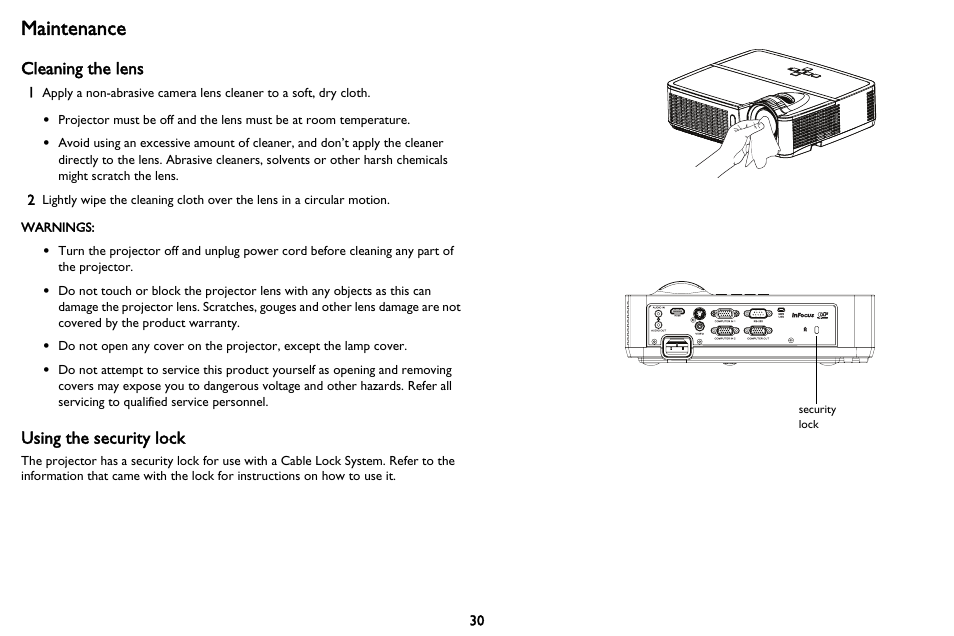 Maintenance, Cleaning the lens, Using the security lock | Maintenance 30 | InFocus IN116 User Manual | Page 31 / 35