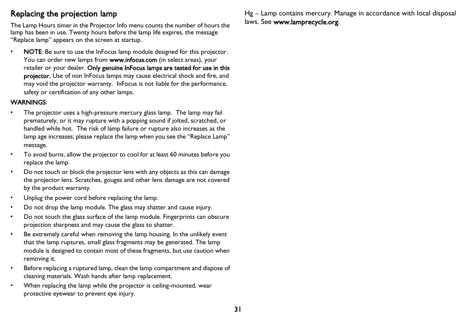Replacing the projection lamp | InFocus IN116 User Manual | Page 32 / 35