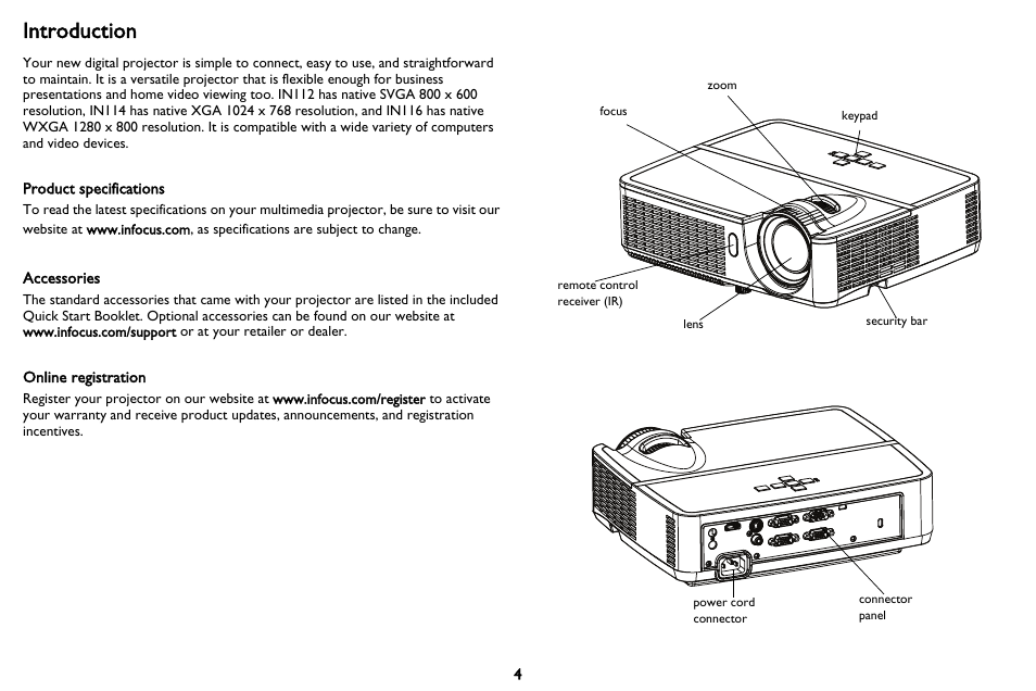 Introduction, Introduction 4 | InFocus IN116 User Manual | Page 5 / 35