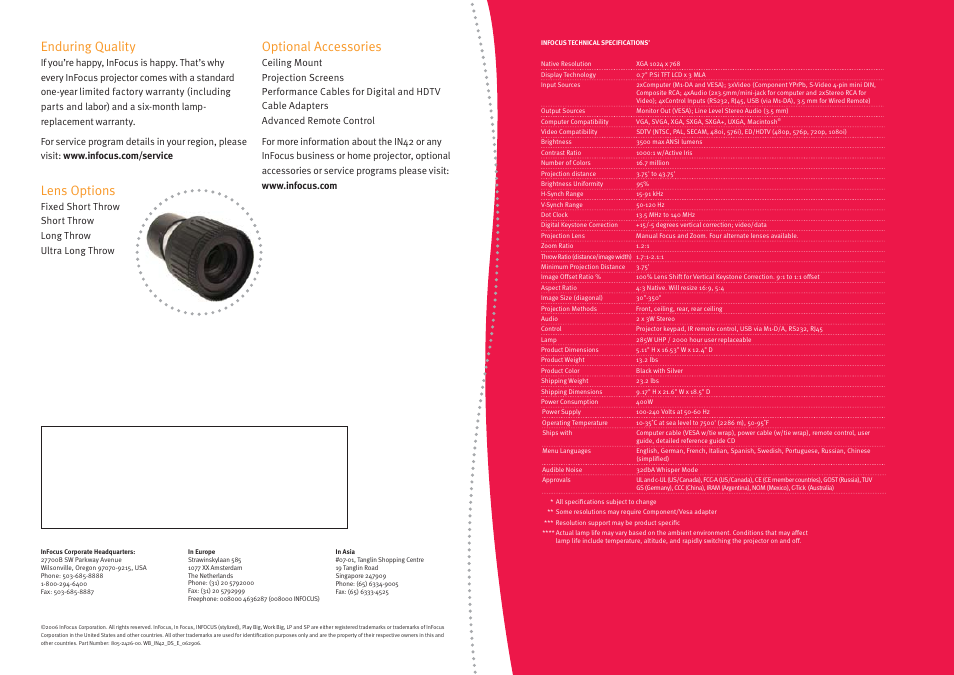 Enduring quality, Lens options, Optional accessories | InFocus IN42 User Manual | Page 4 / 4