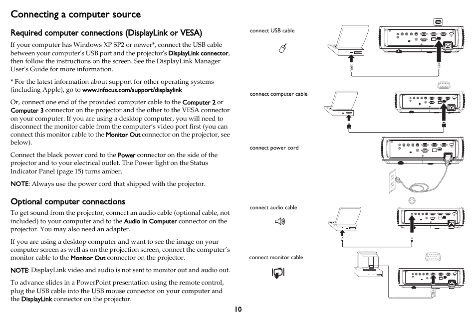 Connecting a computer source, Optional computer connections | InFocus IN3102 User Manual | Page 11 / 39