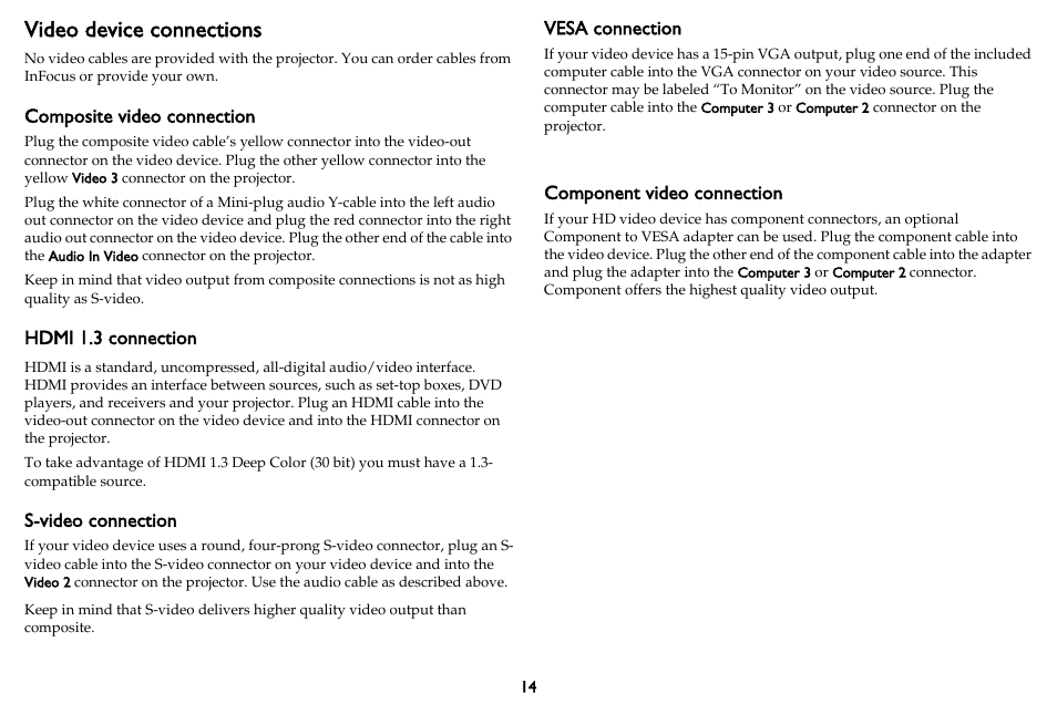 Video device connections, Composite video connection, Hdmi 1.3 connection | S-video connection, Vesa connection, Component video connection | InFocus IN3102 User Manual | Page 15 / 39