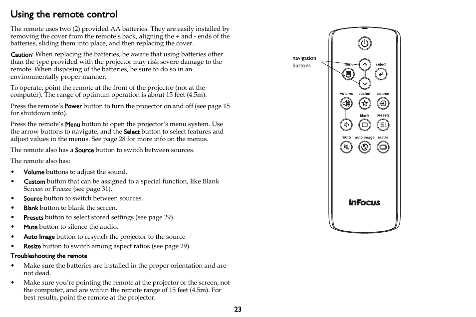 Using the remote control | InFocus IN3102 User Manual | Page 24 / 39