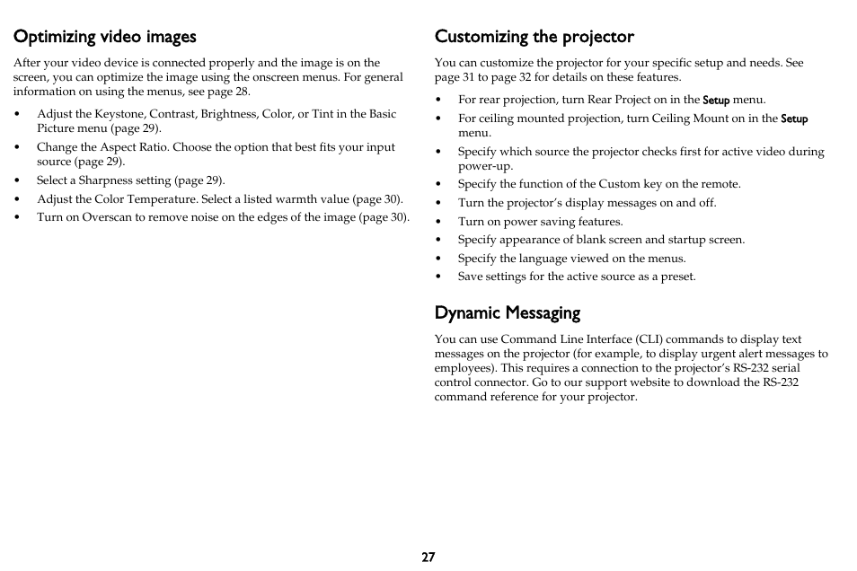 Optimizing video images, Customizing the projector, Dynamic messaging | InFocus IN3102 User Manual | Page 28 / 39