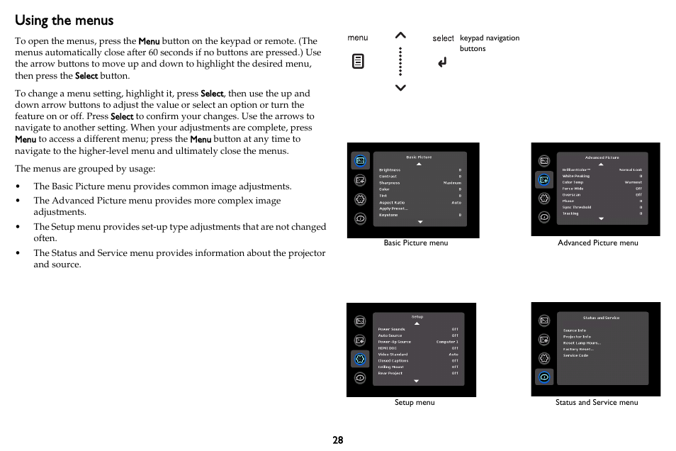 Using the menus | InFocus IN3102 User Manual | Page 29 / 39