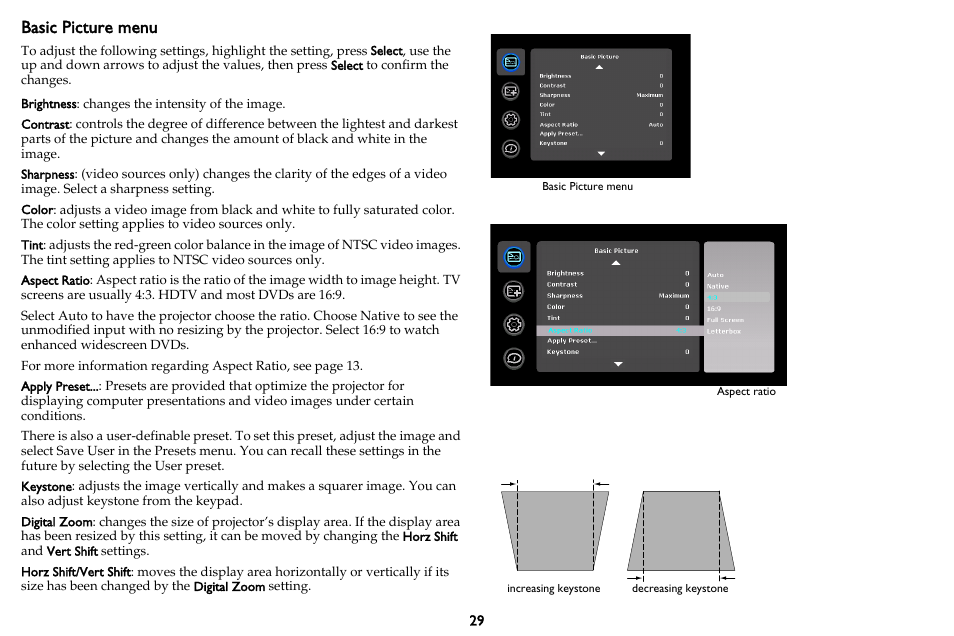 Basic picture menu | InFocus IN3102 User Manual | Page 30 / 39