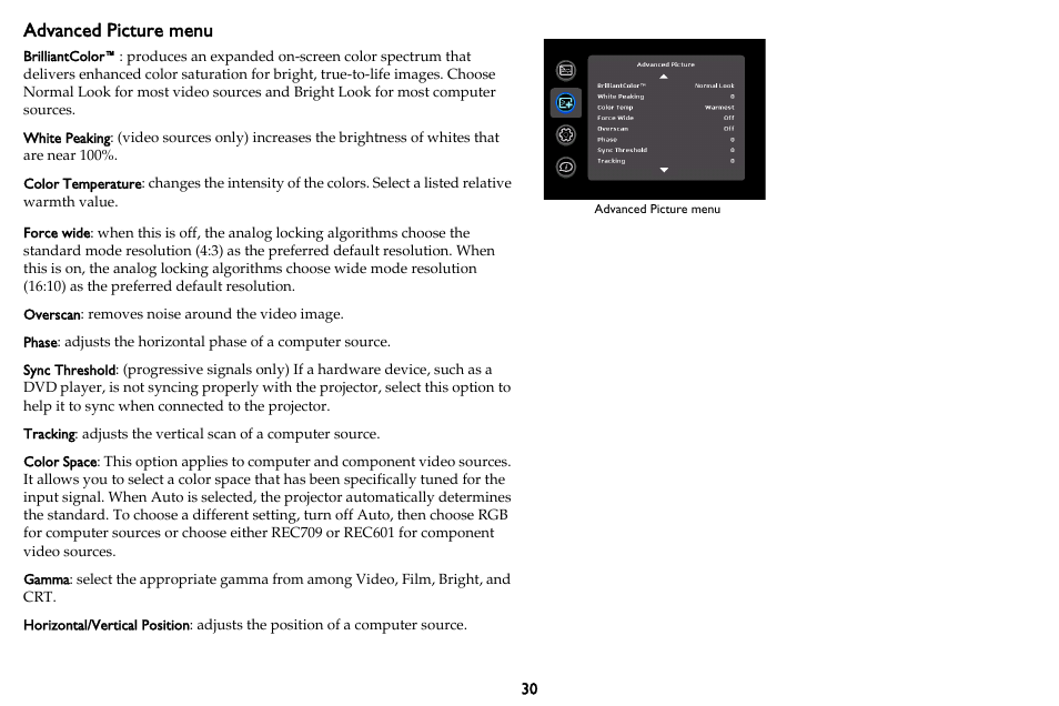 Advanced picture menu | InFocus IN3102 User Manual | Page 31 / 39