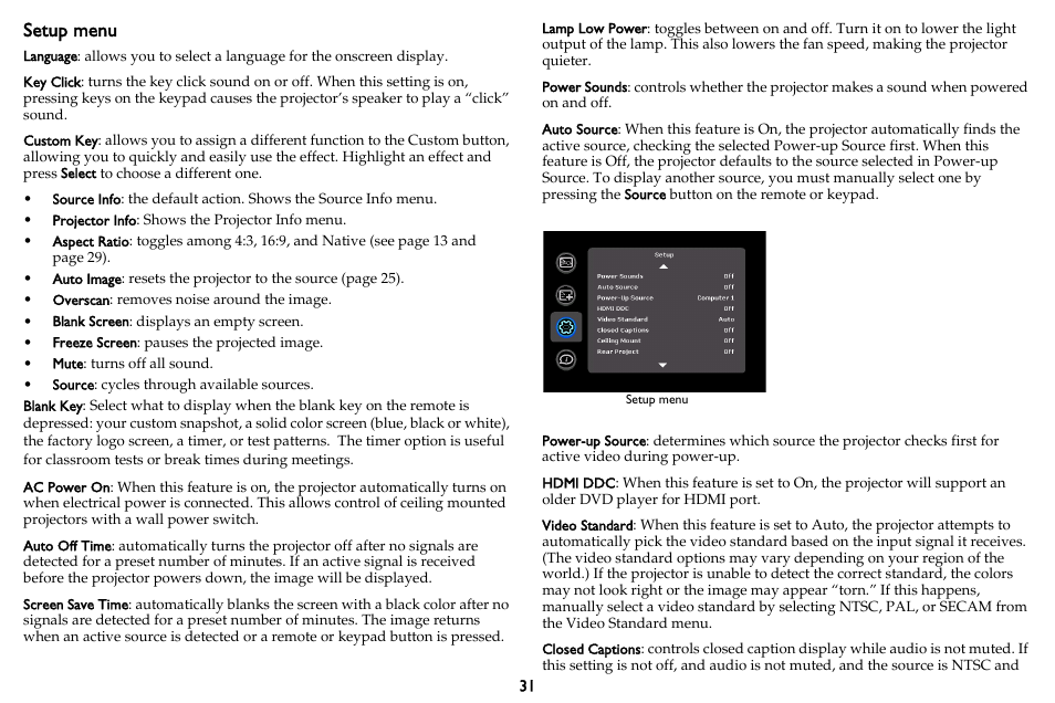 Setup menu | InFocus IN3102 User Manual | Page 32 / 39