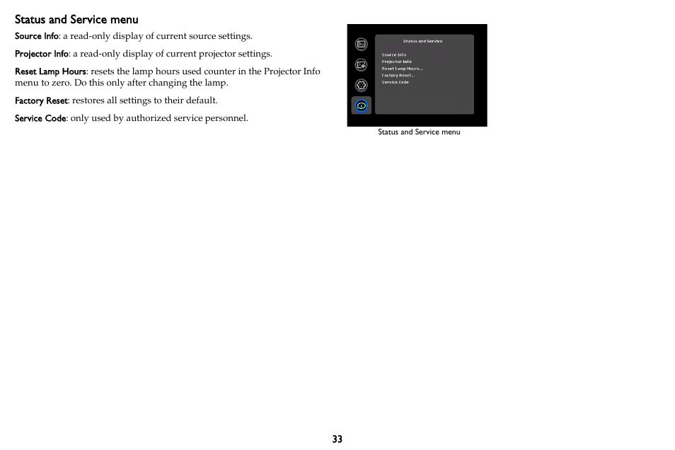 Status and service menu | InFocus IN3102 User Manual | Page 34 / 39