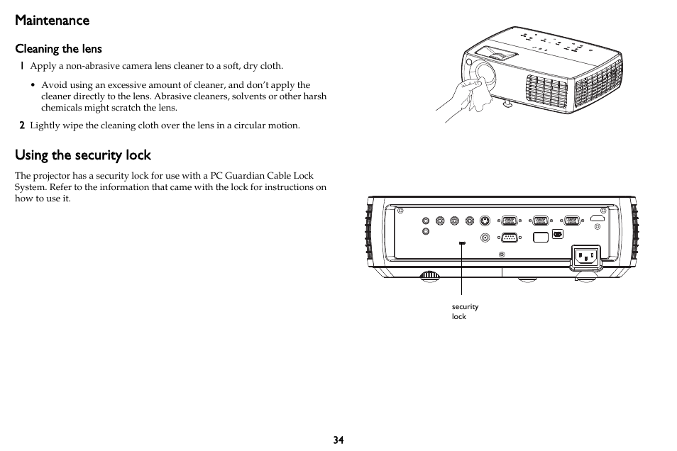 Maintenance, Cleaning the lens, Using the security lock | InFocus IN3102 User Manual | Page 35 / 39