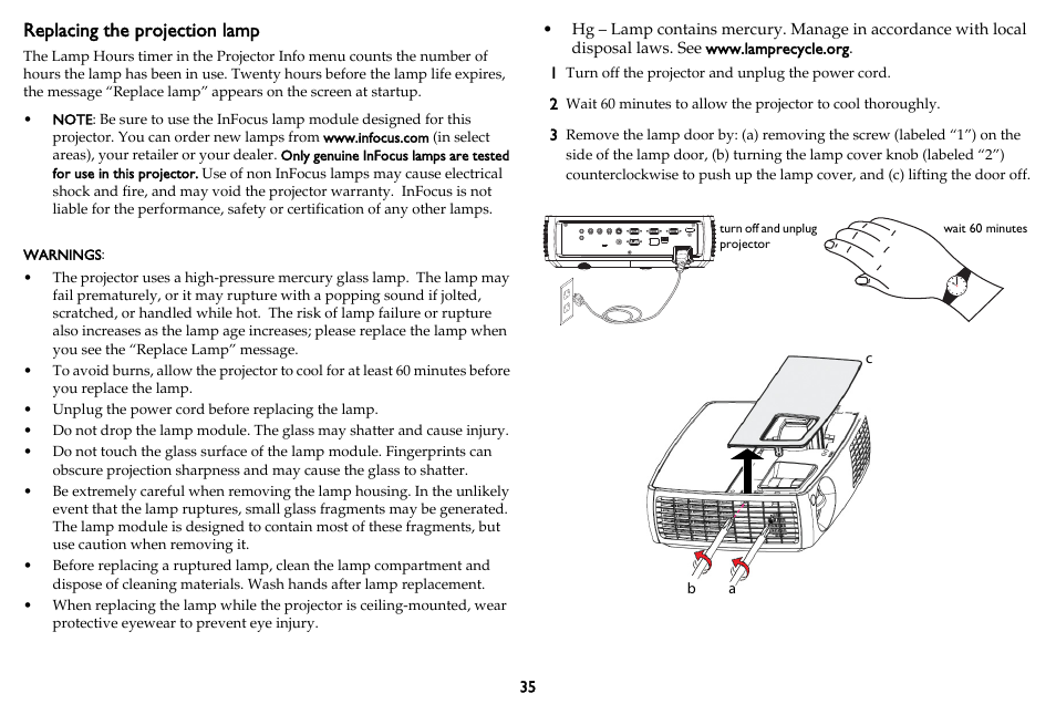 Replacing the projection lamp | InFocus IN3102 User Manual | Page 36 / 39